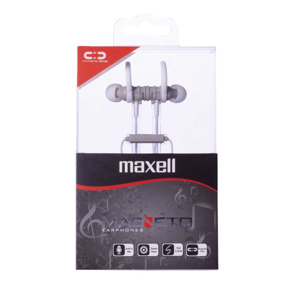Casti in ear cu microfon, Maxell Magneto, design wing tip cu baza magnetica, jack 3.5mm, cablu plat 125cm, cu suport, albe cu gri [9]