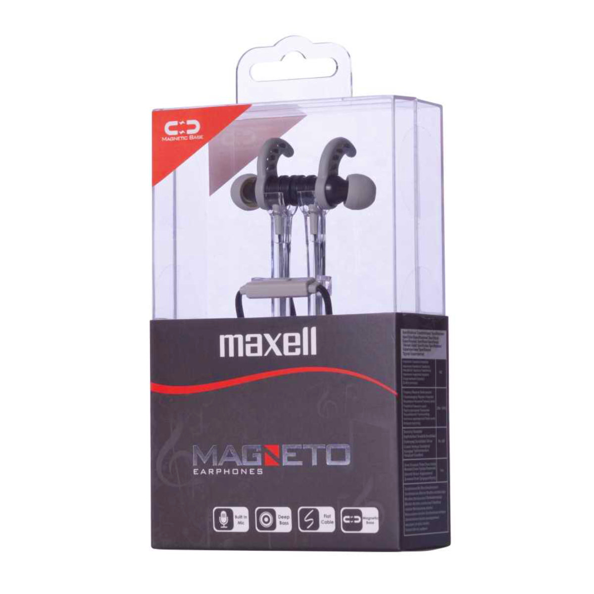 Casti in ear cu microfon, Maxell Magneto, design wing tip cu baza magnetica, jack 3.5mm, cablu plat 125cm, cu suport, negru cu gri [12]