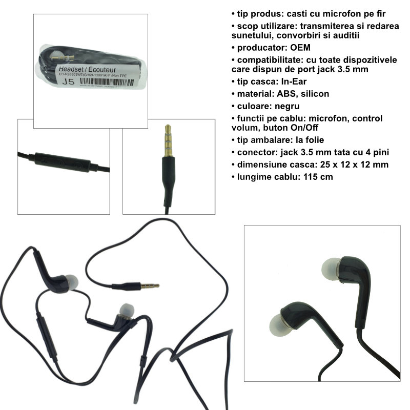 Casti In-Ear cu microfon, pentru Samsung Galaxy J5, HS3303WE, control pe fir, cablu 115 cm, conector jack 3.5mm, negre [4]