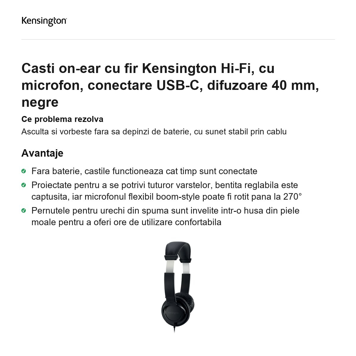 Casti on-ear cu fir Kensington Hi-Fi, cu microfon, conectare USB-C, difuzoare 40 mm, negre [2]