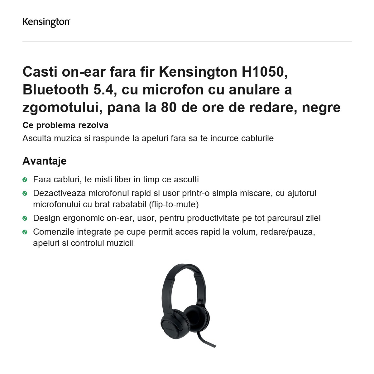 Casti on-ear fara fir Kensington H1050, Bluetooth 5.4, cu microfon cu anulare a zgomotului, pana la 80 de ore de redare, negre [2]
