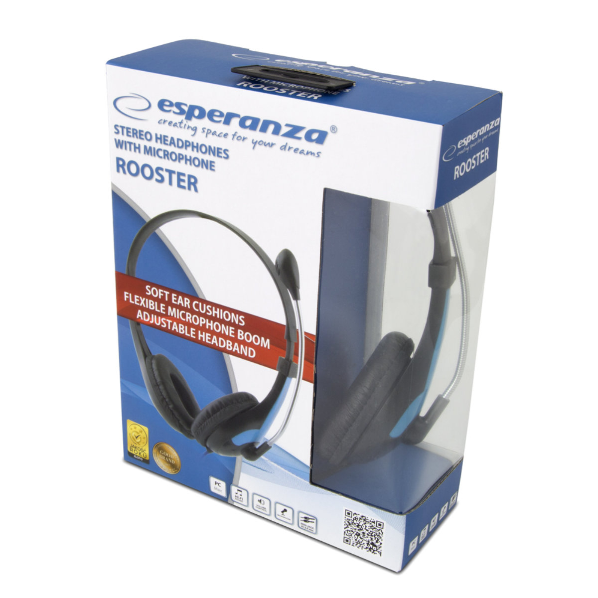 Casti stereo cu microfon, Esperanza Rooster, cablu 2 m, control volum, negre cu albastru [4]
