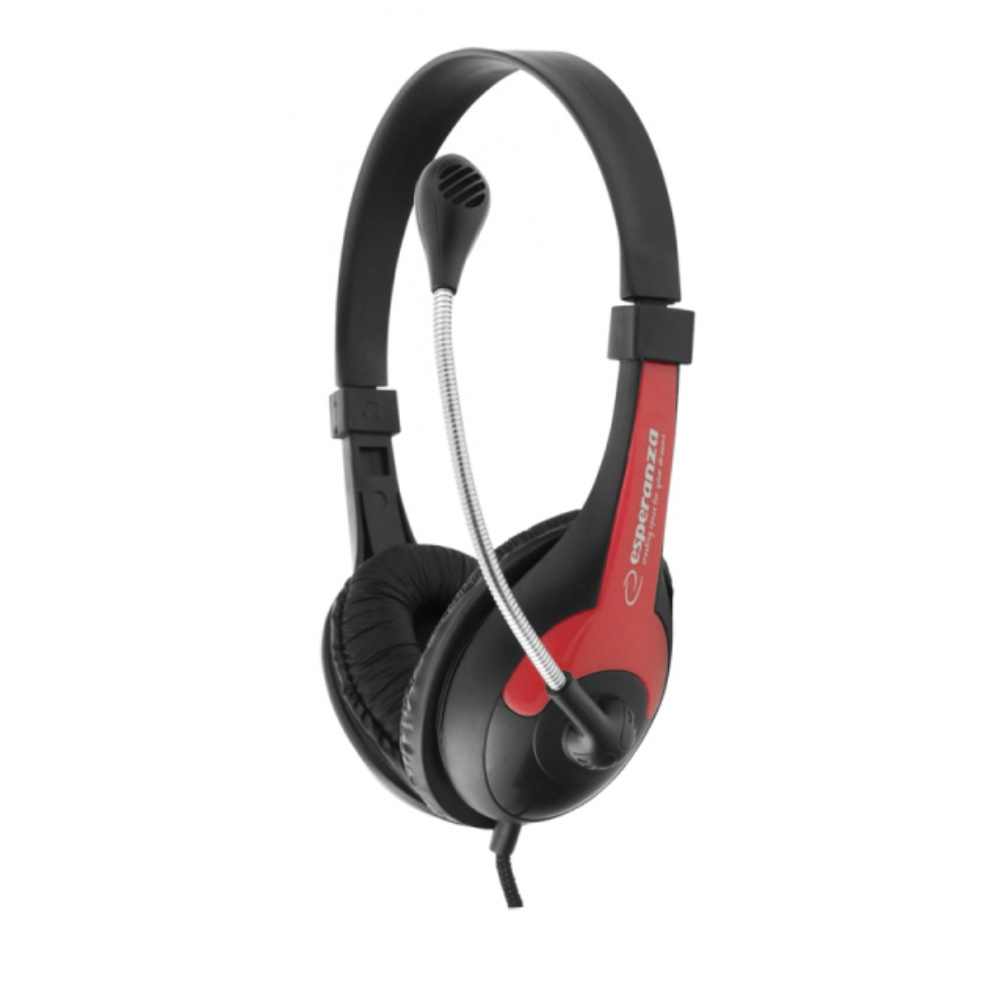 Casti stereo cu microfon, Esperanza Rooster, cablu 2 m, control volum, negre cu rosu [1]