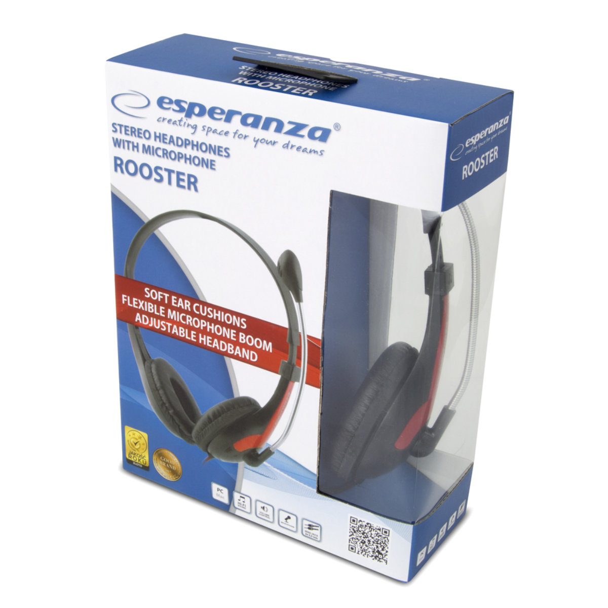 Casti stereo cu microfon, Esperanza Rooster, cablu 2 m, control volum, negre cu rosu [4]