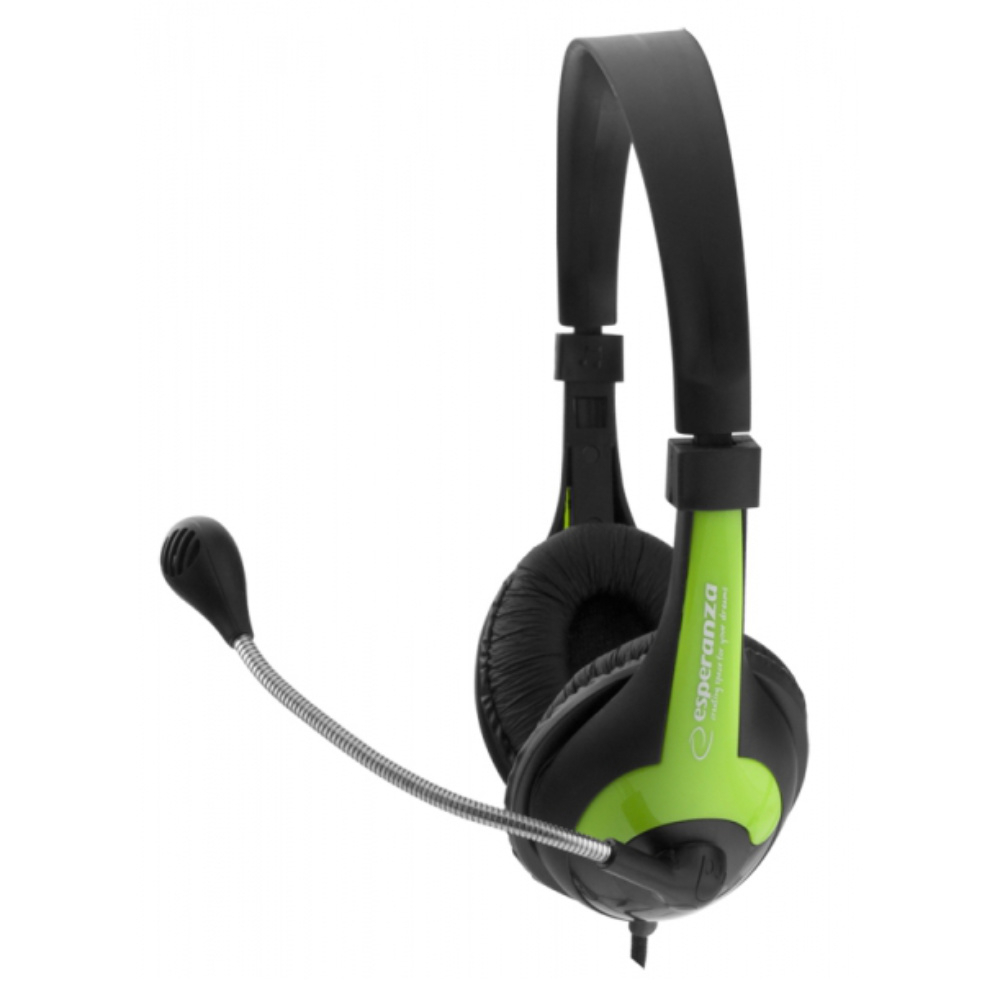Casti stereo cu microfon, Esperanza Rooster, cablu 2 m, control volum, negre cu verde [2]
