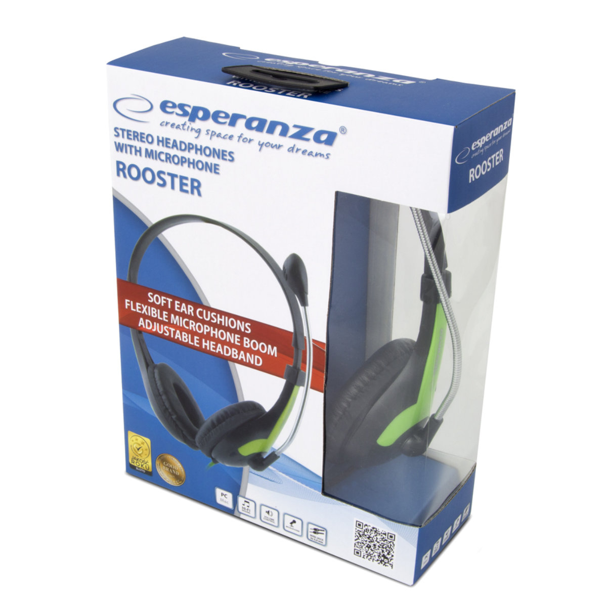 Casti stereo cu microfon, Esperanza Rooster, cablu 2 m, control volum, negre cu verde [4]