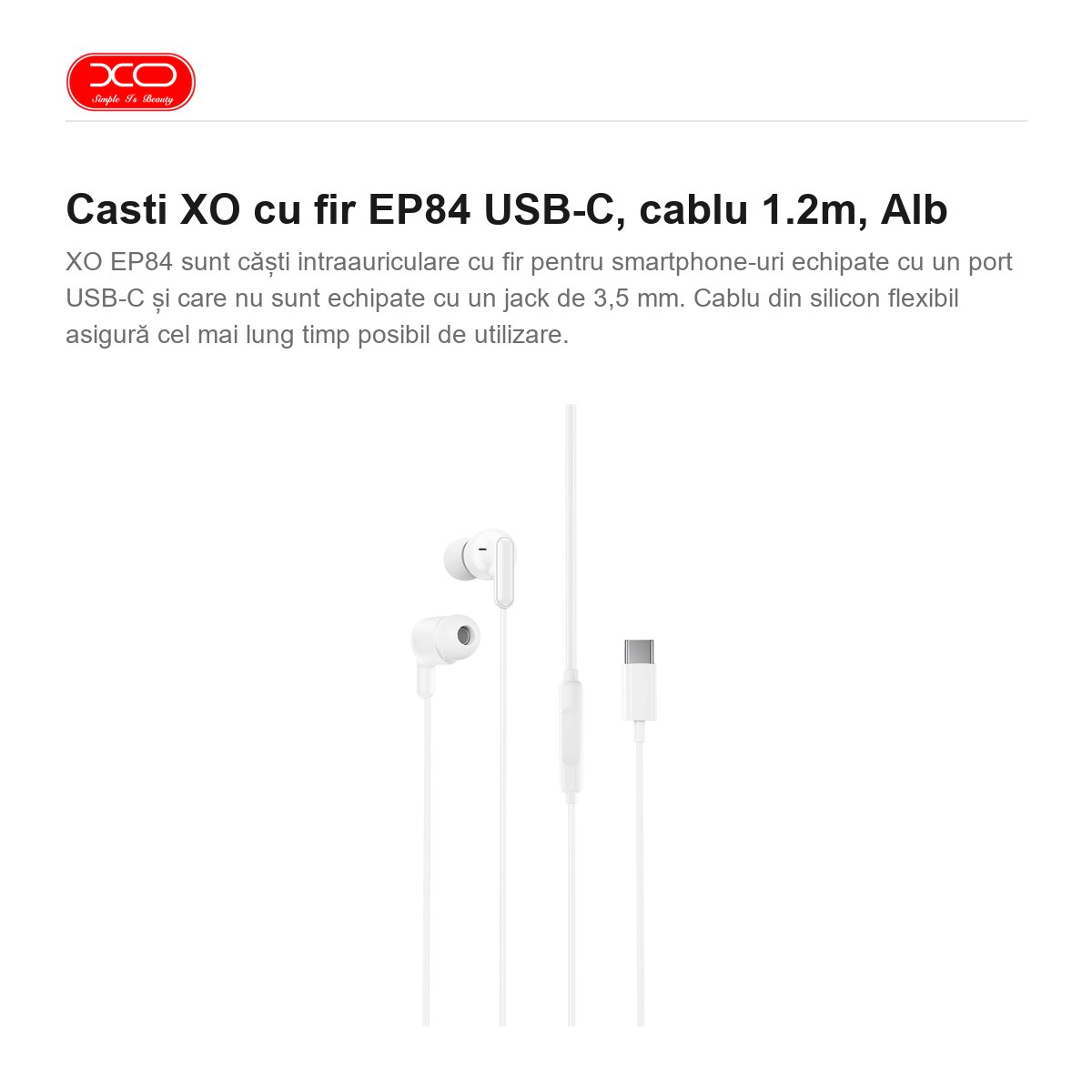 Casti XO cu fir EP84 USB-C, cablu 1.2m, Alb [2]
