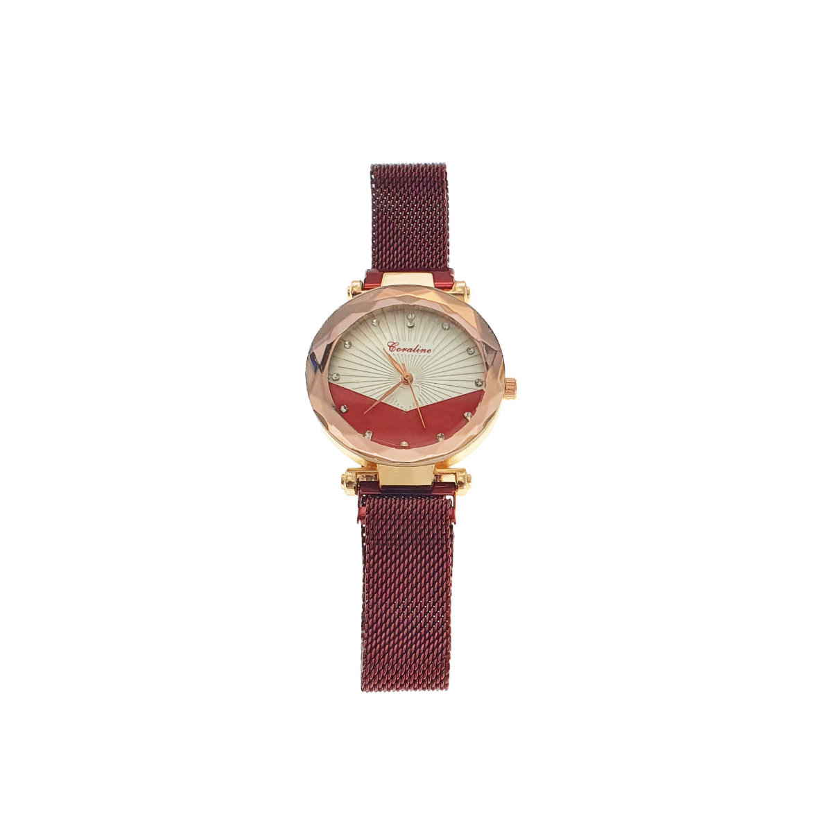 Ceas Coraline, afisaj analog cu cristale, carcasa 35 x 10mm, curea magnetica latime 16mm, rosu cu alb [10]