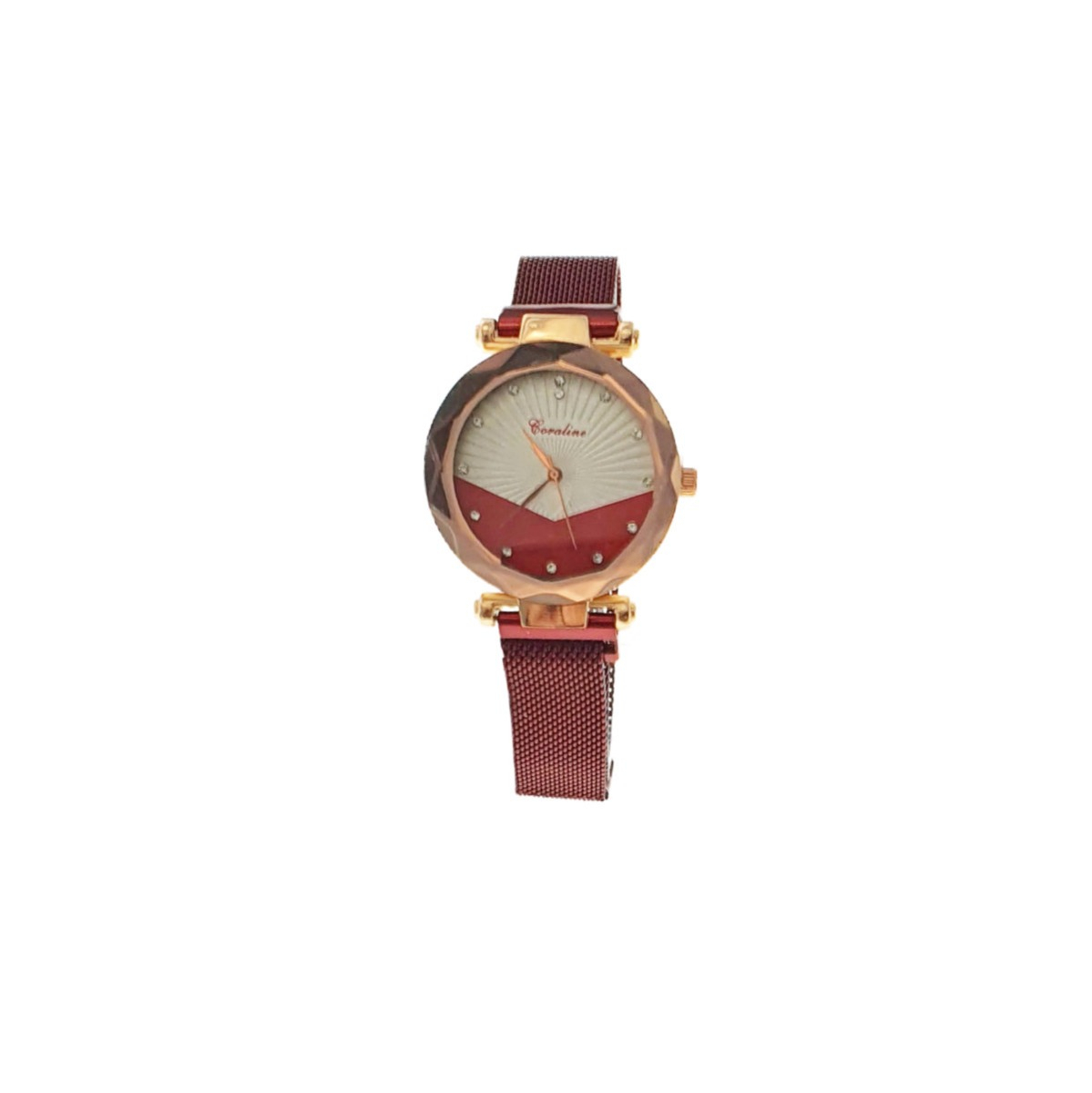 Ceas Coraline, afisaj analog cu cristale, carcasa 35 x 10mm, curea magnetica latime 16mm, rosu cu alb [4]