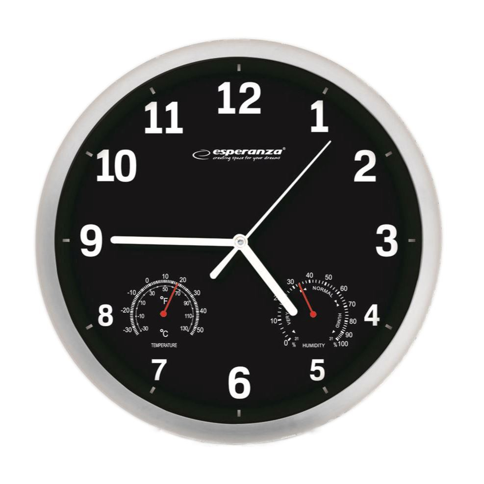 Ceas de perete Esperanza EHC016K,model Lyon,termometru si higrometru,cadran argintiu,fond negru,25 cm [2]