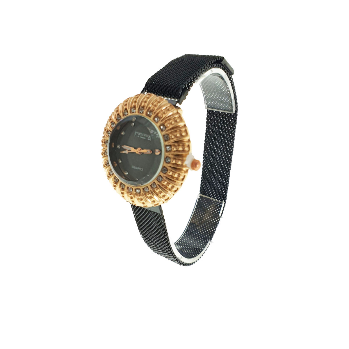 Ceas Francesca di Geneva F03-209, afisaj analog cu cristale, carcasa 35 x 8mm, curea magnetica latime 16mm, negru cu auriu [10]