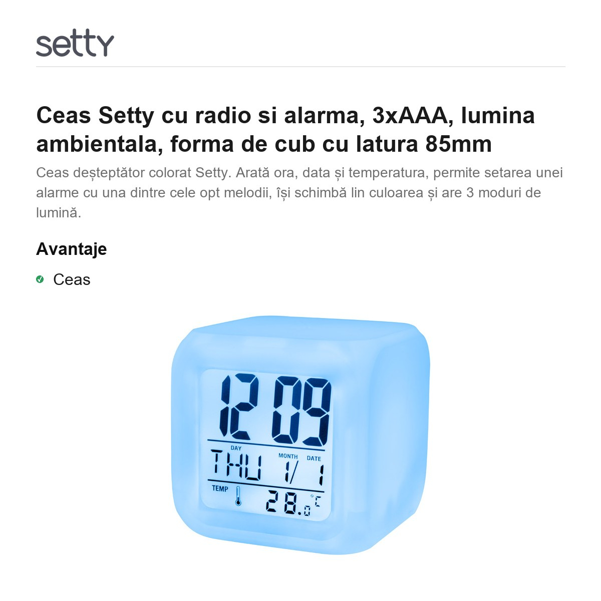 Ceas Setty cu radio si alarma, 3xAAA, lumina ambientala, forma de cub cu latura 85mm [2]