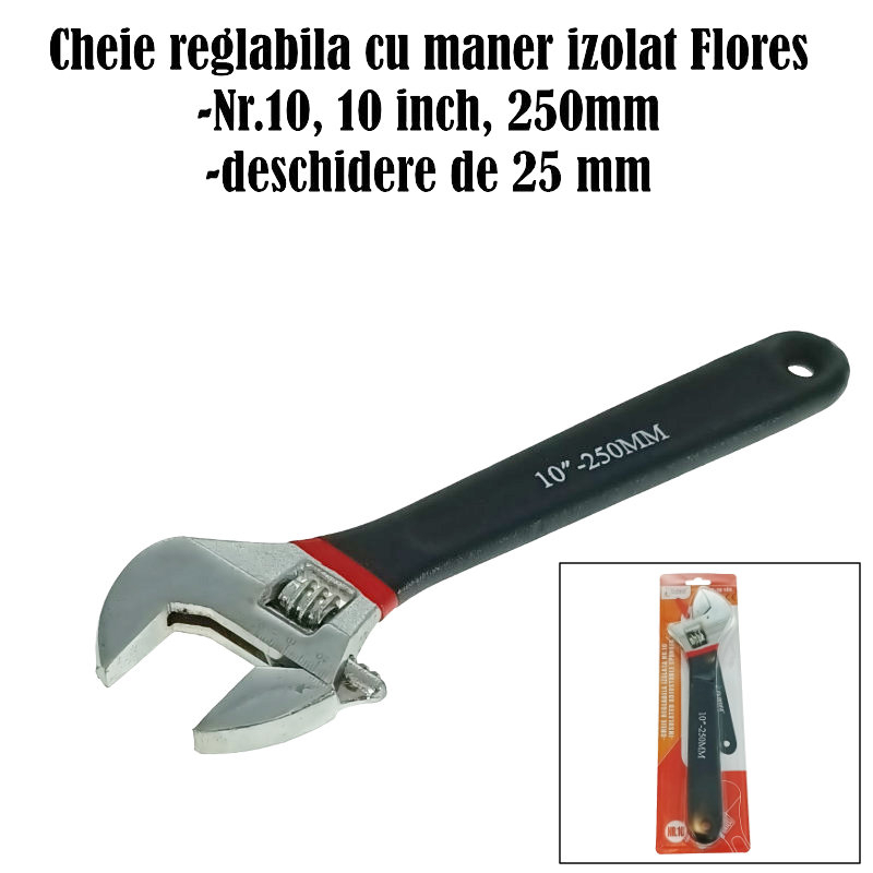 Cheie reglabila cu maner izolat, 10 inch-250mm, deschidere de 25mm, Flores 10146, neagra [5]
