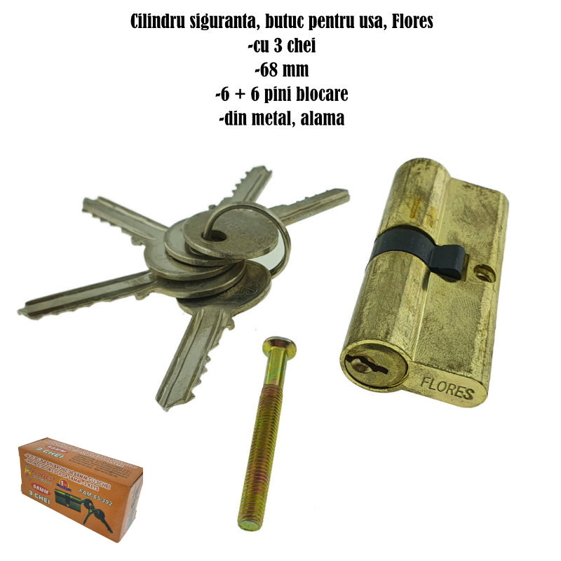 Cilindru siguranta, butuc pentru usa, Flores 65392, cu 3 chei, 68 mm, alama [4]
