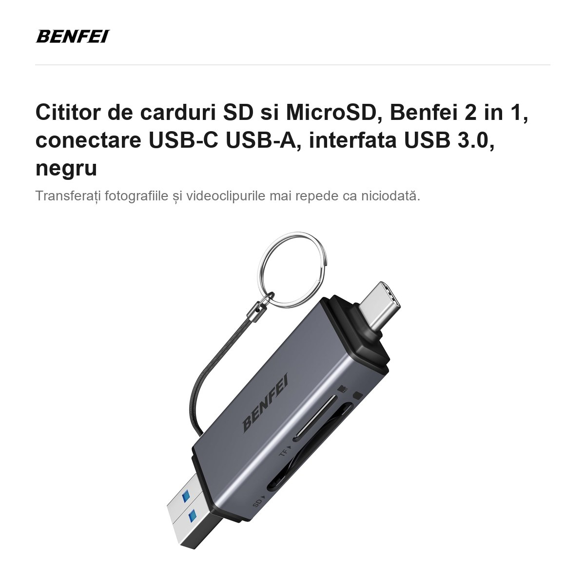 Cititor de carduri SD si MicroSD, Benfei 2 in 1, conectare USB-C USB-A, interfata USB 3.0, negru [2]