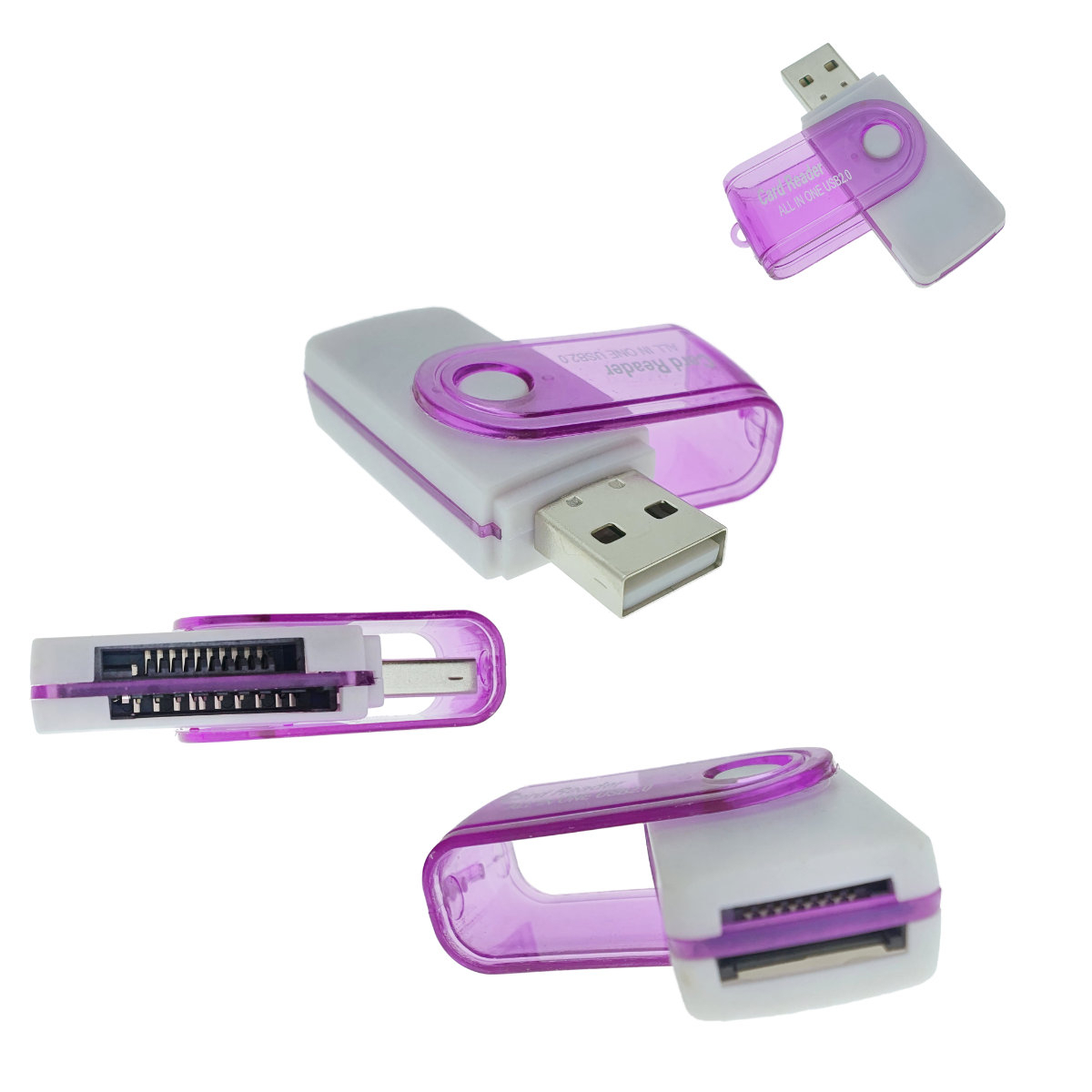 Cititor USB 2.0 pentru carduri de memorie MicroSD, SDHC, M2, MMC, cu capac rotativ, alb cu mov [9]