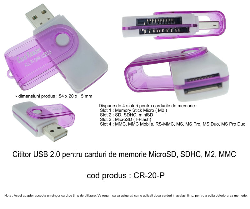 Cititor USB 2.0 pentru carduri de memorie MicroSD, SDHC, M2, MMC, cu capac rotativ, alb cu mov [14]