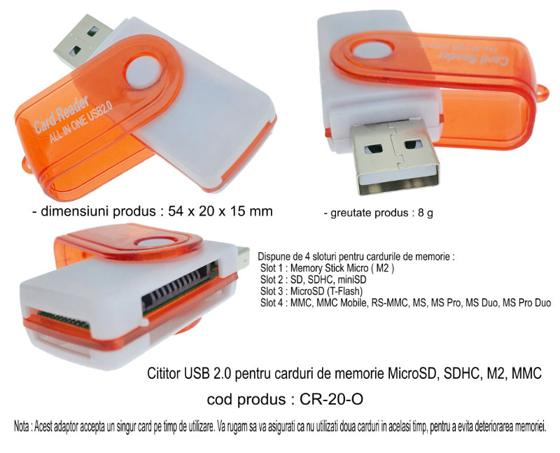 Cititor USB 2.0 pentru carduri de memorie MicroSD, SDHC, M2, MMC, cu capac rotativ, alb cu portocaliu [6]
