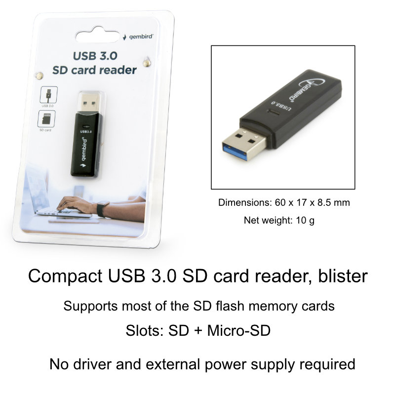 Cititor USB 3.0 pentru carduri SDXC si microSDXC , Gembird 08770, scriere, stocare si transfer date, indicator LED, cu capac, negru [6]