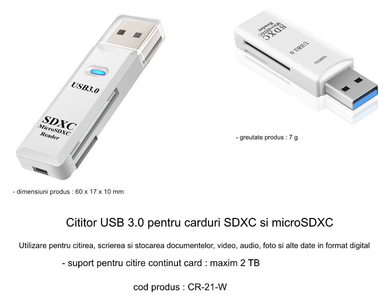 Cititor USB 3.0 pentru carduri SDXC si microSDXC , scriere, stocare si transfer date, indicator LED, cu capac, alb [5]