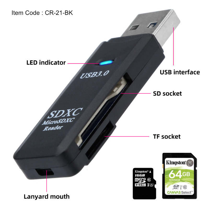 Cititor USB 3.0 pentru carduri SDXC si microSDXC , scriere, stocare si transfer date, indicator LED, cu capac, negru [13]