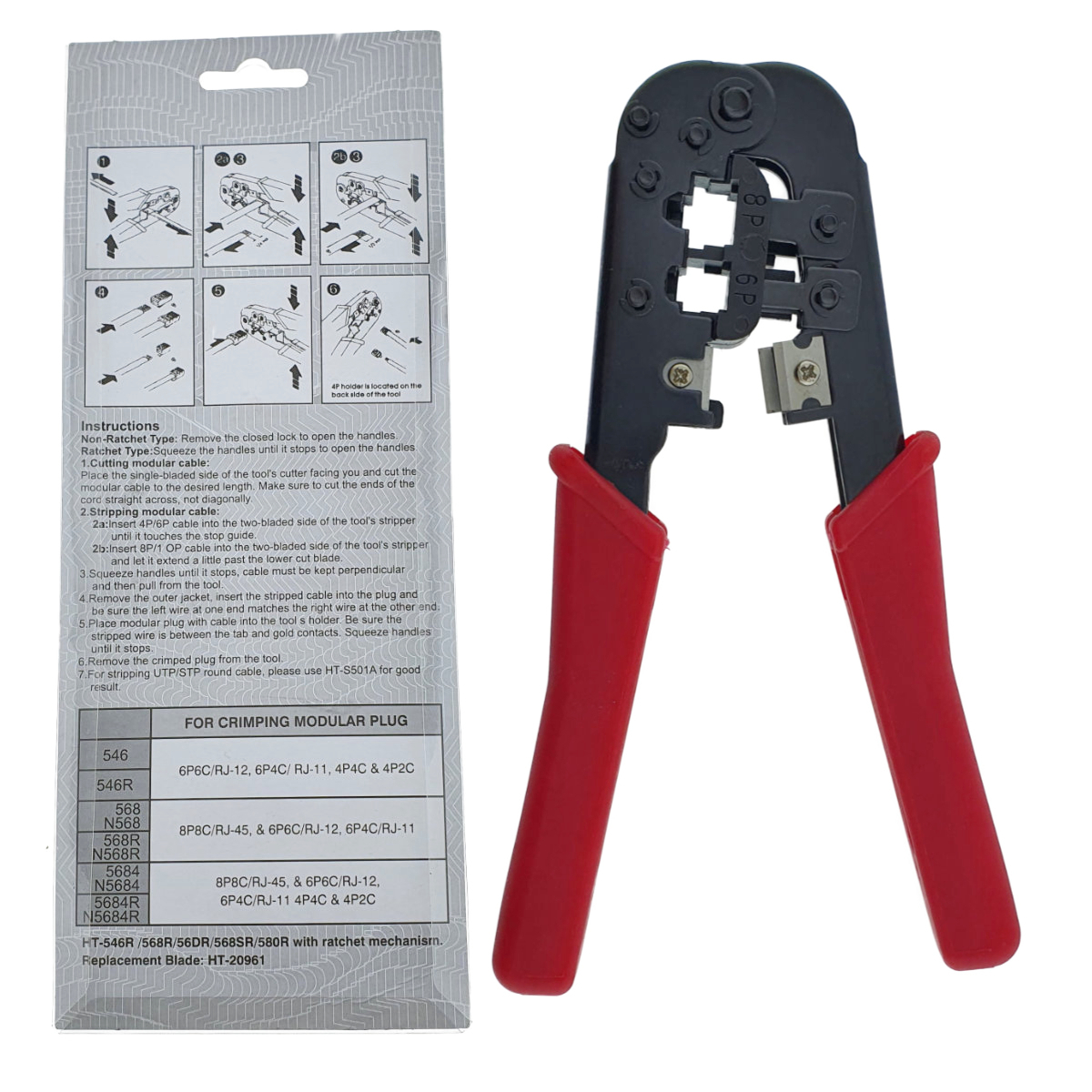 Cleste sertizat, mufat universal, HT-568, pentru mufe RJ45, RJ12, RJ11, rosu cu negru [6]