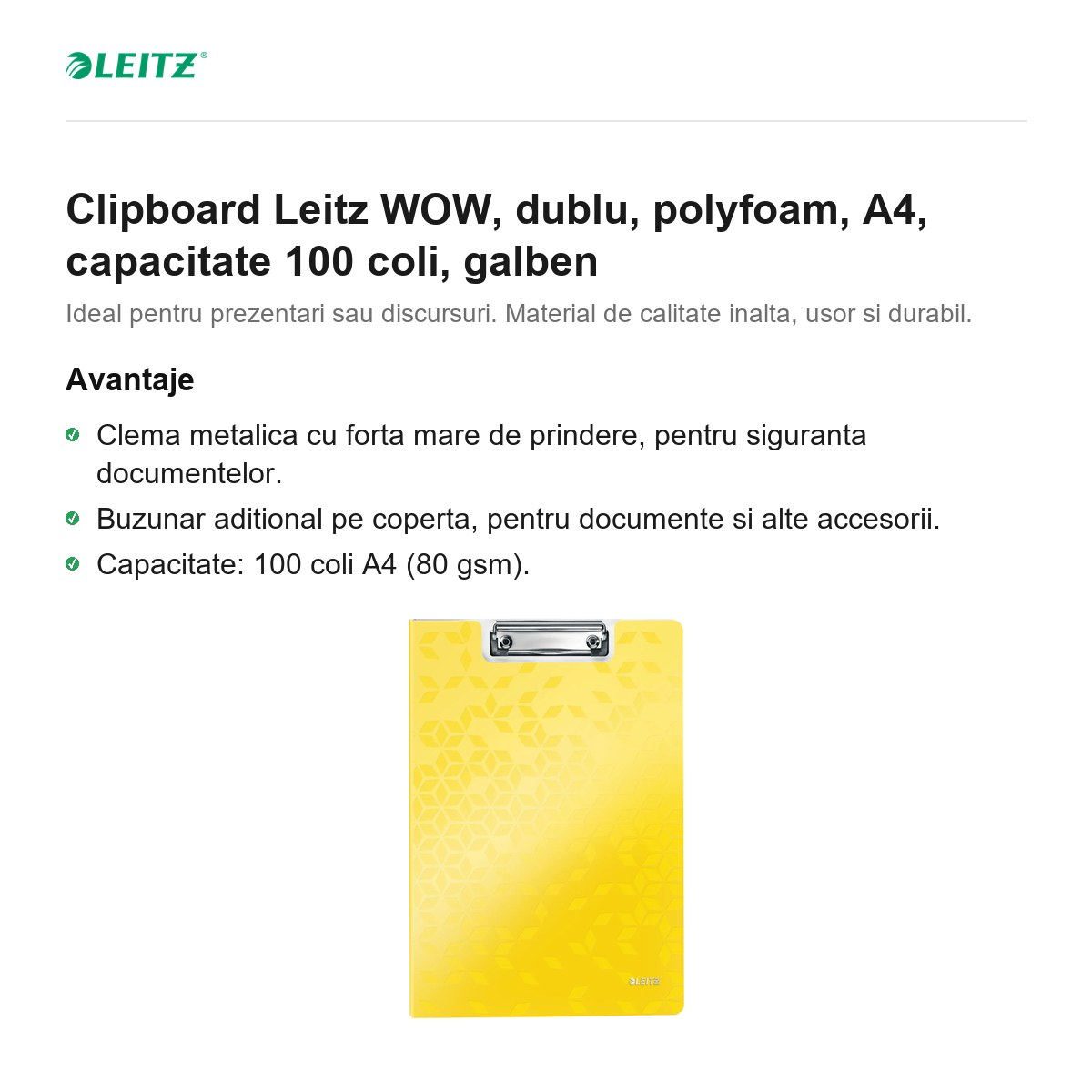 Clipboard Leitz WOW, dublu, polyfoam, A4, capacitate 100 coli, galben [2]