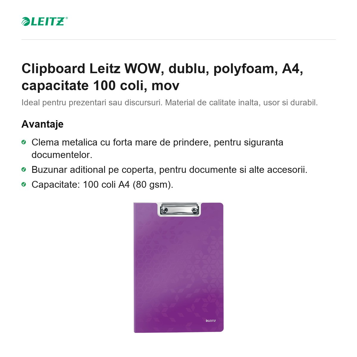 Clipboard Leitz WOW, dublu, polyfoam, A4, capacitate 100 coli, mov [2]
