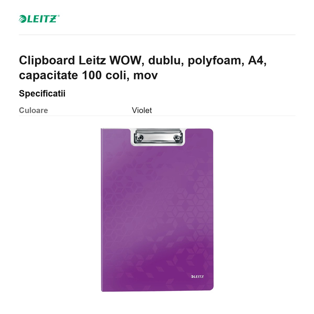 Clipboard Leitz WOW, dublu, polyfoam, A4, capacitate 100 coli, mov [3]