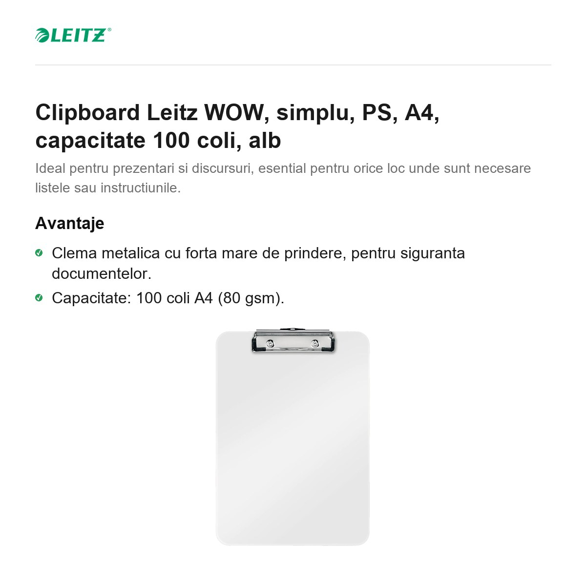 Clipboard Leitz WOW, simplu, PS, A4, capacitate 100 coli, alb [2]