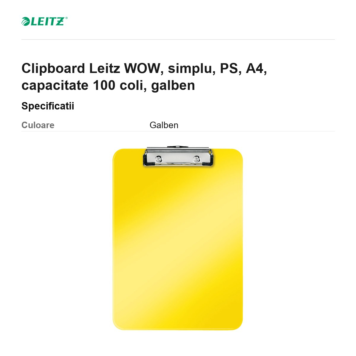 Clipboard Leitz WOW, simplu, PS, A4, capacitate 100 coli, galben [3]
