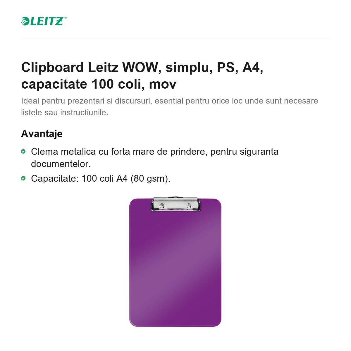 Clipboard Leitz WOW, simplu, PS, A4, capacitate 100 coli, mov [2]