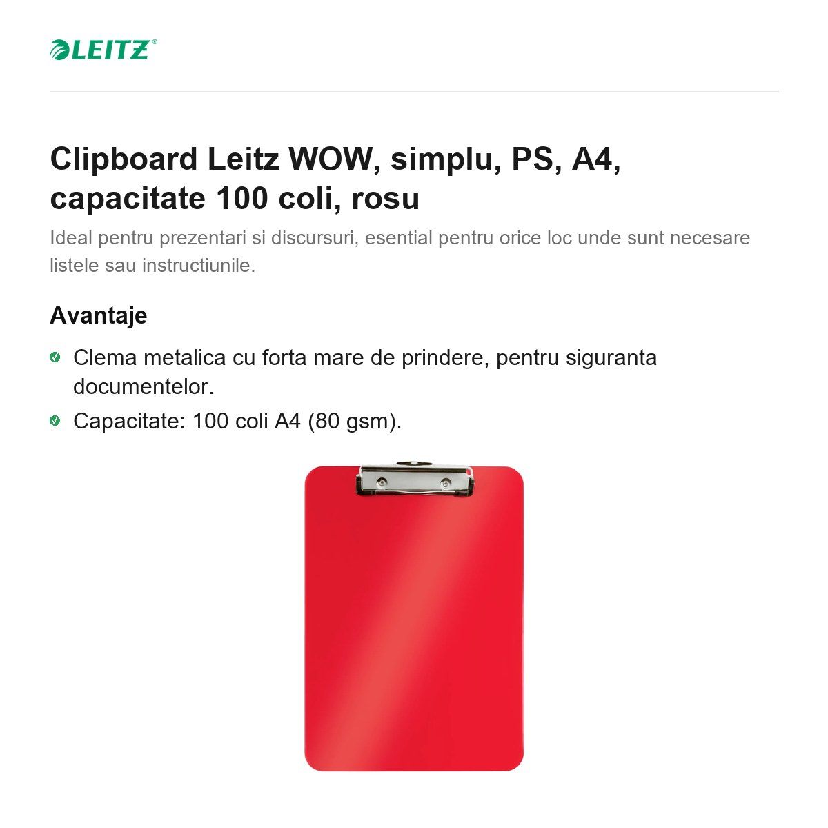 Clipboard Leitz WOW, simplu, PS, A4, capacitate 100 coli, rosu [2]