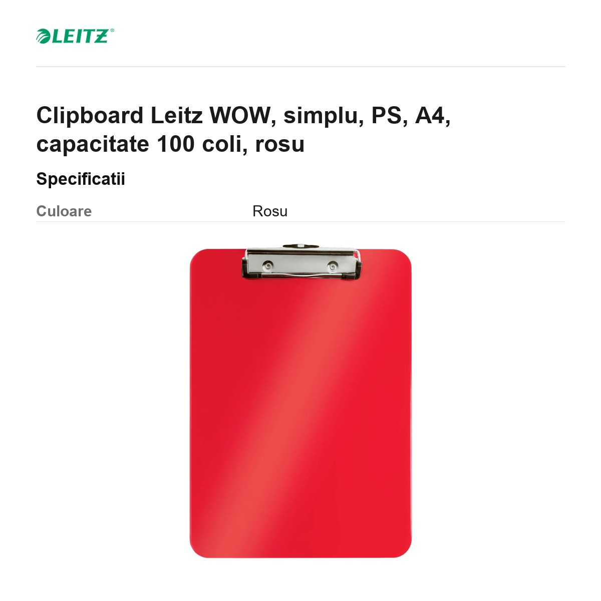 Clipboard Leitz WOW, simplu, PS, A4, capacitate 100 coli, rosu [3]
