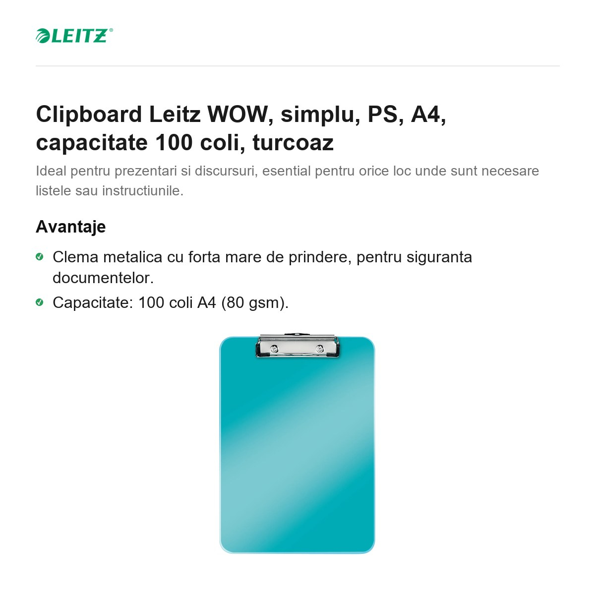 Clipboard Leitz WOW, simplu, PS, A4, capacitate 100 coli, turcoaz [2]