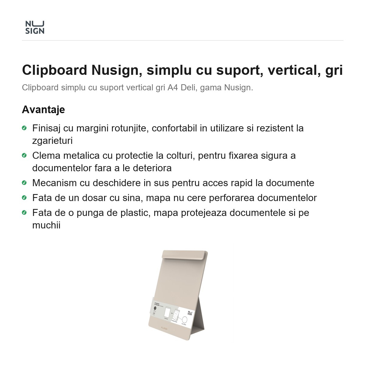 Clipboard Nusign, simplu cu suport, vertical, gri [2]