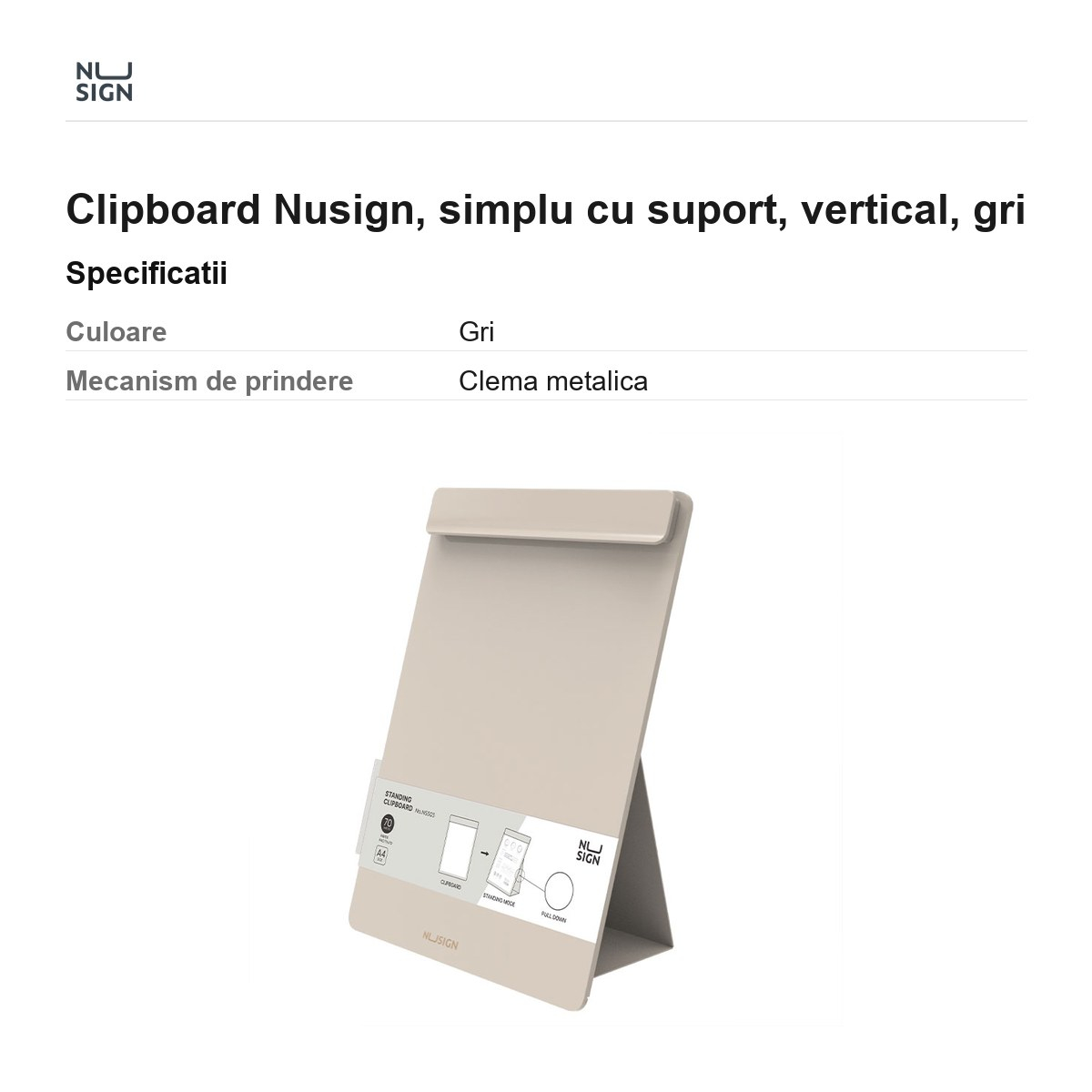 Clipboard Nusign, simplu cu suport, vertical, gri [3]