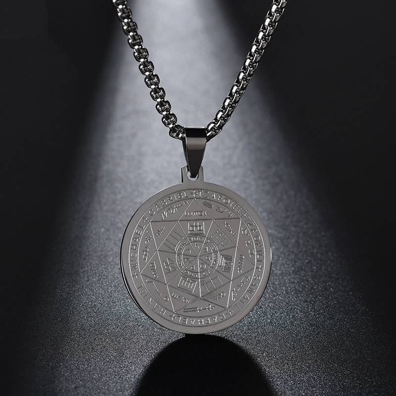 Colier cu pandativ medalion, talisman design simbolic Sigiliul Celor Sapte Arhangheli, SN-01B, din otel inoxidabil, negru [8]