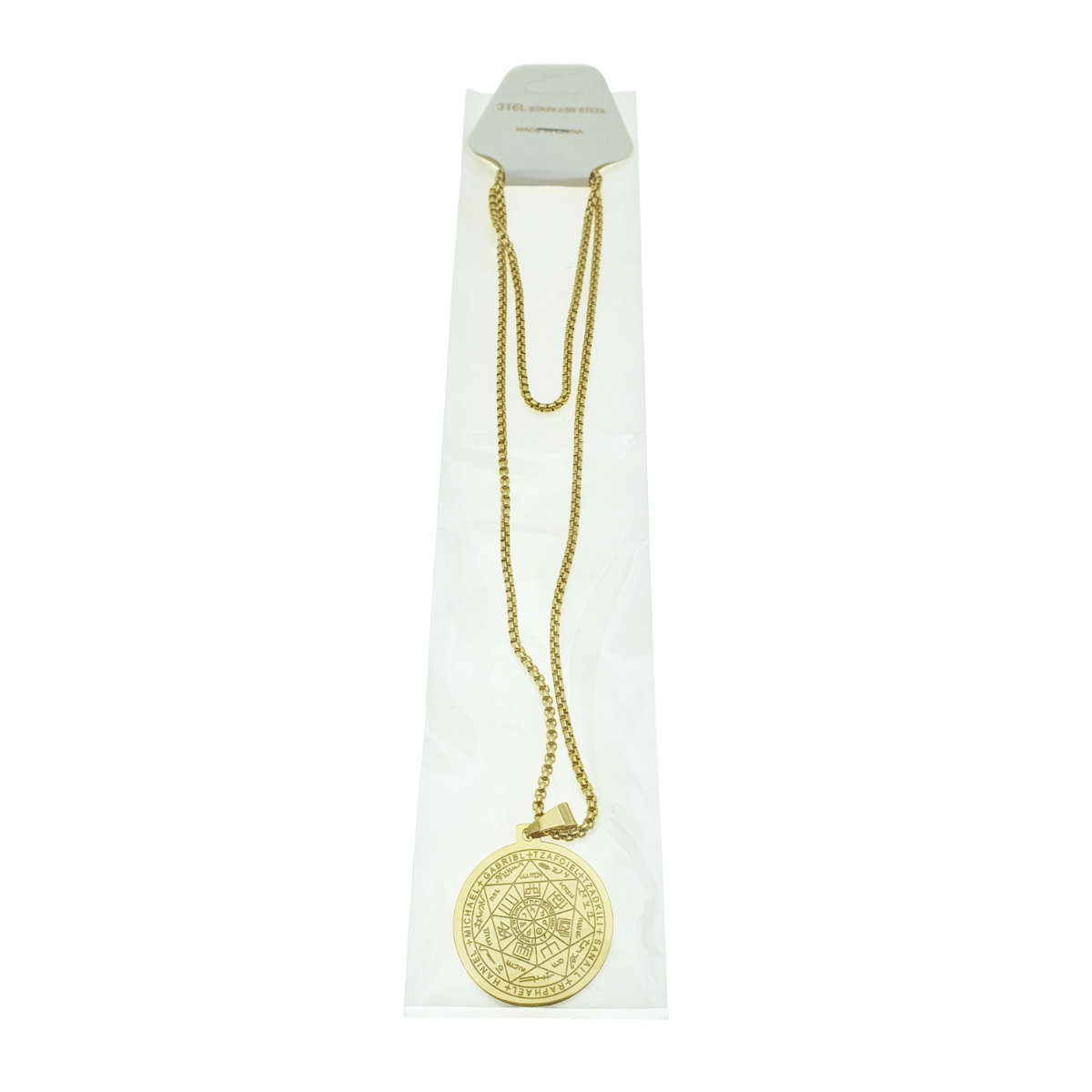 Colier cu pandativ medalion, talisman design simbolic Sigiliul Celor Sapte Arhangheli, SN-01G, din otel inoxidabil, auriu [6]