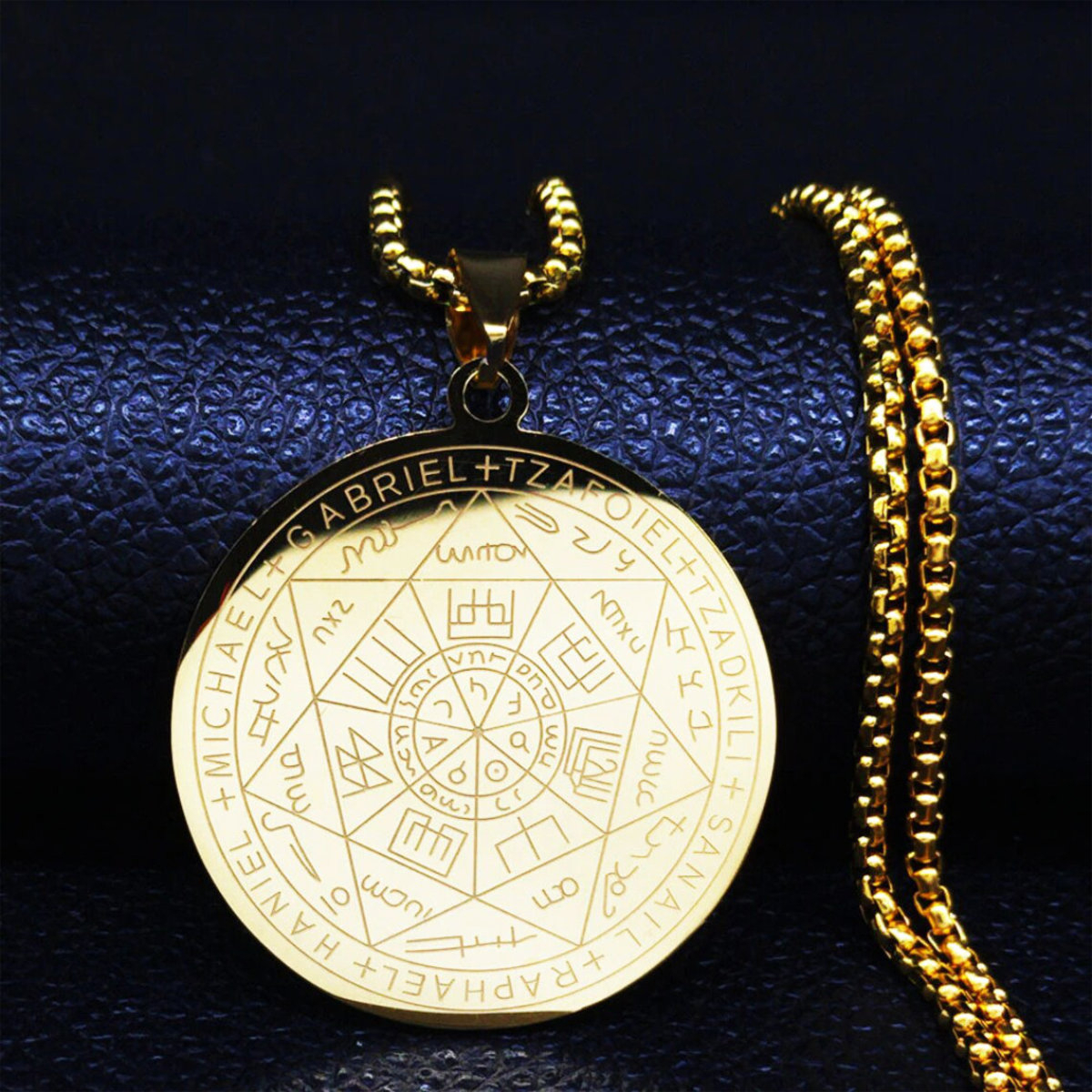 Colier cu pandativ medalion, talisman design simbolic Sigiliul Celor Sapte Arhangheli, SN-01G, din otel inoxidabil, auriu [4]
