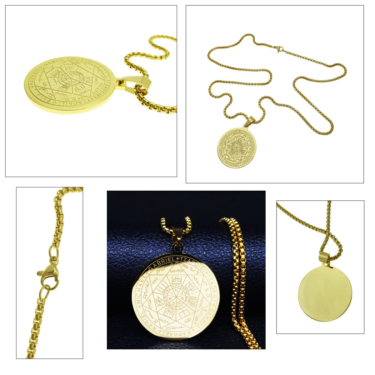 Colier cu pandativ medalion, talisman design simbolic Sigiliul Celor Sapte Arhangheli, SN-01G, din otel inoxidabil, auriu [5]