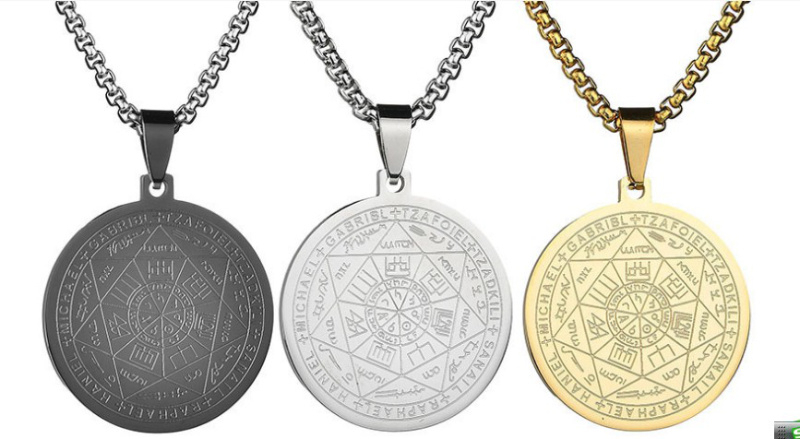 Colier cu pandativ medalion, talisman design simbolic Sigiliul Celor Sapte Arhangheli, SN-01G, din otel inoxidabil, auriu [10]