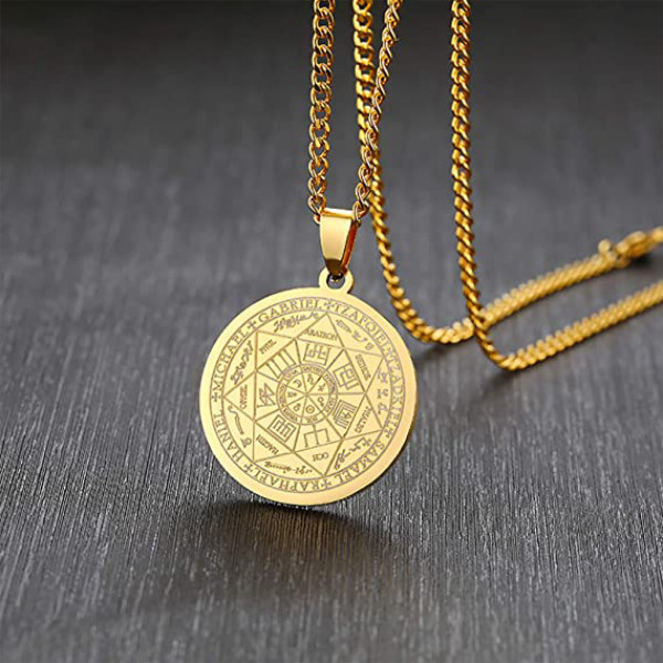 Colier cu pandativ medalion, talisman design simbolic Sigiliul Celor Sapte Arhangheli, SN-01G, din otel inoxidabil, auriu [9]