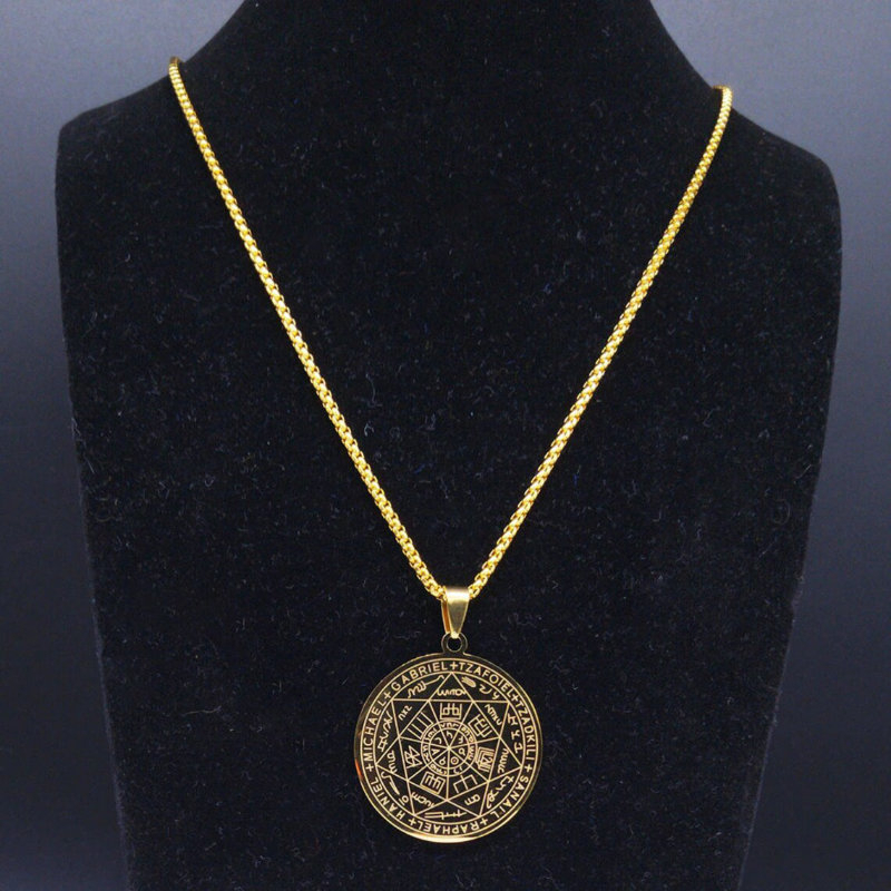 Colier cu pandativ medalion, talisman design simbolic Sigiliul Celor Sapte Arhangheli, SN-01G, din otel inoxidabil, auriu [8]