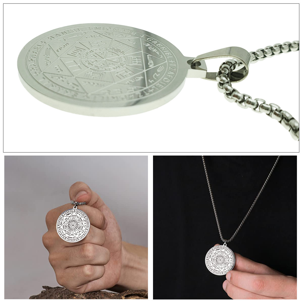 Colier cu pandativ medalion, talisman design simbolic Sigiliul Celor Sapte Arhangheli, SN-01S, din otel inoxidabil, argintiu [3]