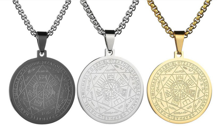Colier cu pandativ medalion, talisman design simbolic Sigiliul Celor Sapte Arhangheli, SN-01S, din otel inoxidabil, argintiu [8]