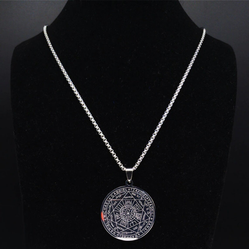 Colier cu pandativ medalion, talisman design simbolic Sigiliul Celor Sapte Arhangheli, SN-01S, din otel inoxidabil, argintiu [6]