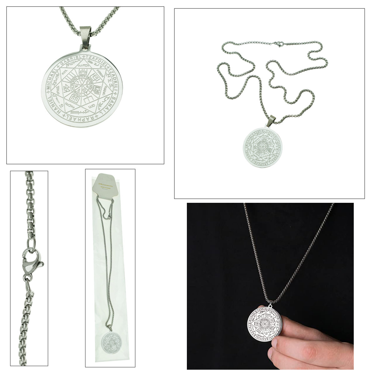 Colier cu pandativ medalion, talisman design simbolic Sigiliul Celor Sapte Arhangheli, SN-01S, din otel inoxidabil, argintiu [4]