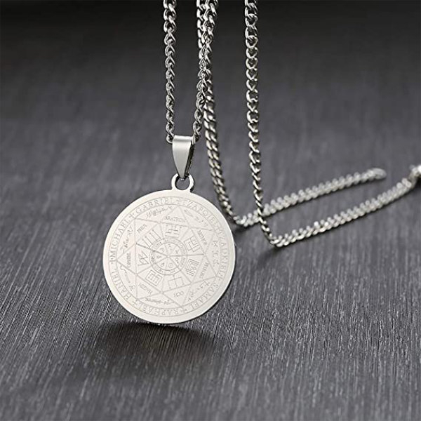 Colier cu pandativ medalion, talisman design simbolic Sigiliul Celor Sapte Arhangheli, SN-01S, din otel inoxidabil, argintiu [7]