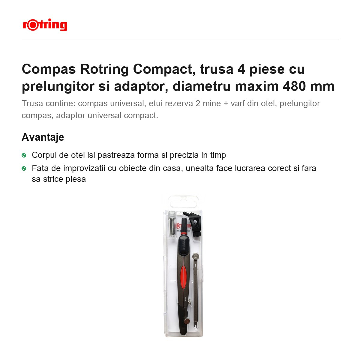 Compas Rotring Compact, trusa 4 piese cu prelungitor si adaptor, diametru maxim 480 mm [2]